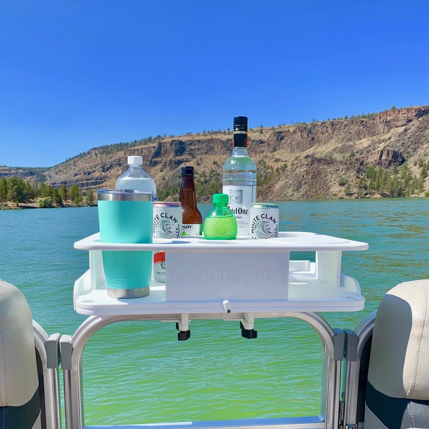 Docktail Boat Table Caddy with Pontoon Boat Rail Mount