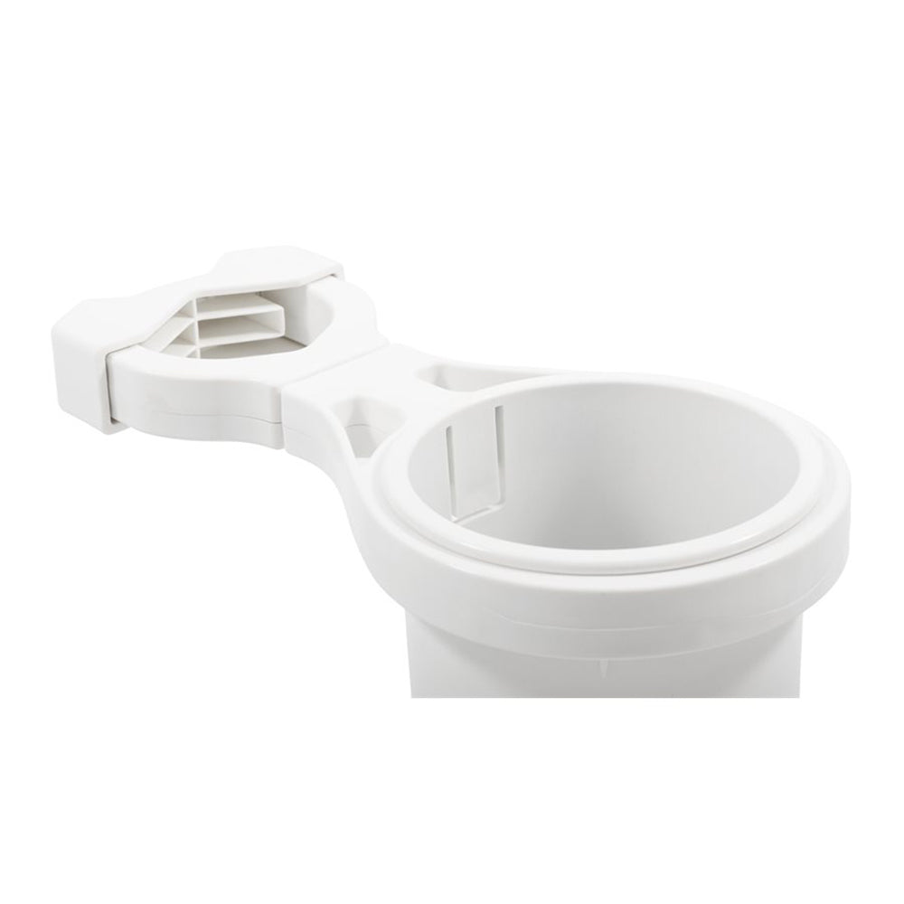 Camco Clamp-On Rail Mounted Cup Holder - Small for Up to 1-1/4" Rail - White  [53086]